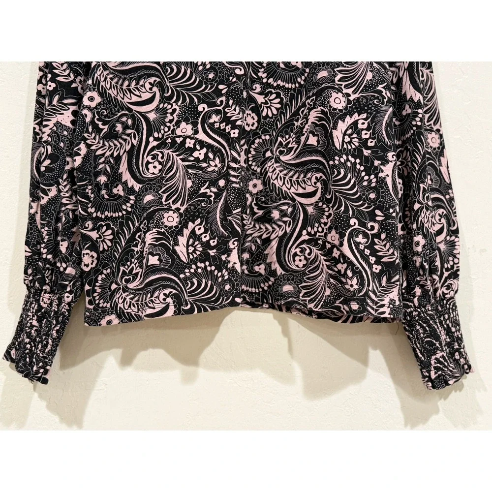 Boden Pink Black Paisley Smocked V-Neck Cotton Blouse Top T1034 US 10 UK 14